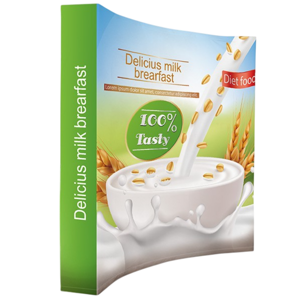 Package of 'Delicious milk breakfast' with a cup of milk and cereal.