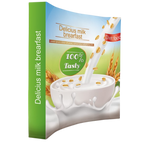 Package of 'Delicious milk breakfast' with a cup of milk and cereal.
